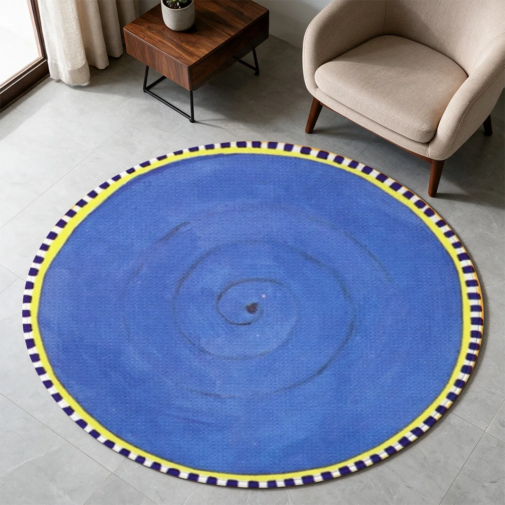 Large Round Blue Area Rug with Yellow and Blue Border Perfect for Living Room Hallway Entryway Decor