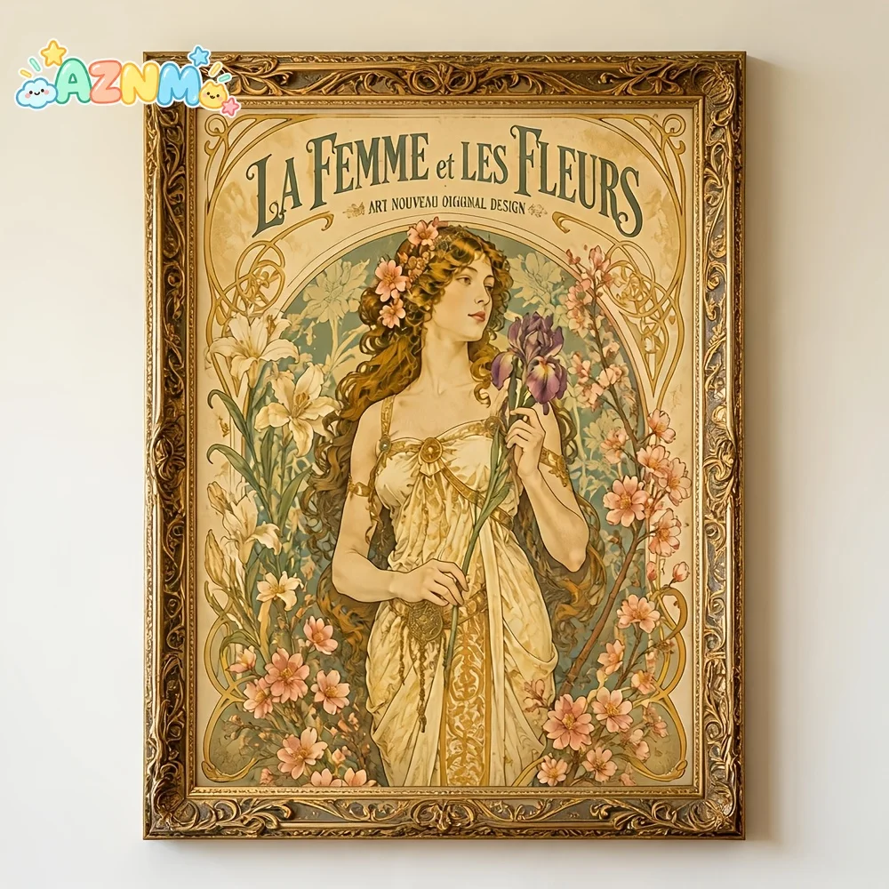 Arte de pared en lienzo sin marco, con diseños planos en 2D, carteles e impresiones, estilo clásico de Mucha, motivos florales, belleza, cartel de pared, arte vintage en tonos sepia, estilo Art Nouveau.