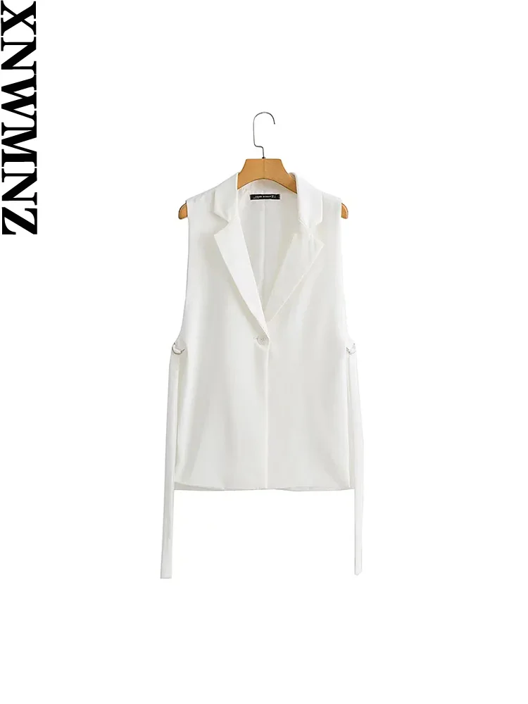 XNWMNZ 2024 Women Fashion With Taps Side Vents Waistcoat Vintage Sleeveless Front Button Outerwear Female Chic Vest Tops