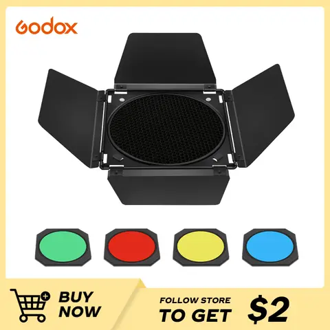 Godox BD-04 Barn Door with 4 Color Gel Filter for Standard Reflector Photography Studio Flash Accessory