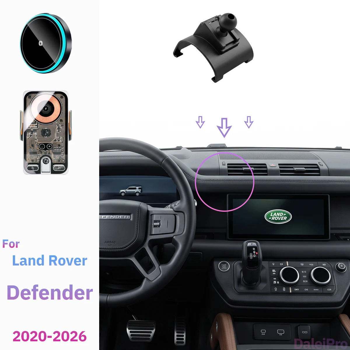 Für Land Rover Defender 2020 2021 2022 2023-2025 2026 Telefonhalterung Kabelloses Ladegerät Halterung Automatische Klemmung Starke Magnetbasis – Detail 1