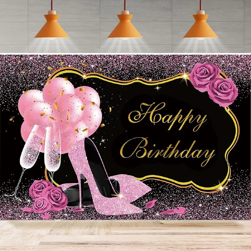 Photography Backdrop Glitter Shiny Crystal Shoes Pink Rose Champagne Background Girl Adult Women Birthday Party Decor Banner