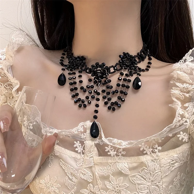 Necklace Women\'s Artificial Crystal Material Acrylic Handmade Beaded Court Vintage Woven Black Transparent Ribbon Tassel