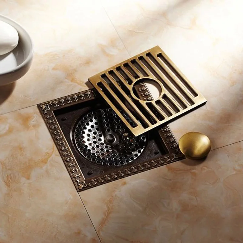 Shower Drains 12*12cm Square Bath Drains Strainer Hair Antique Brass Art Carved Bathroom Floor Drain Waste Grate Drain