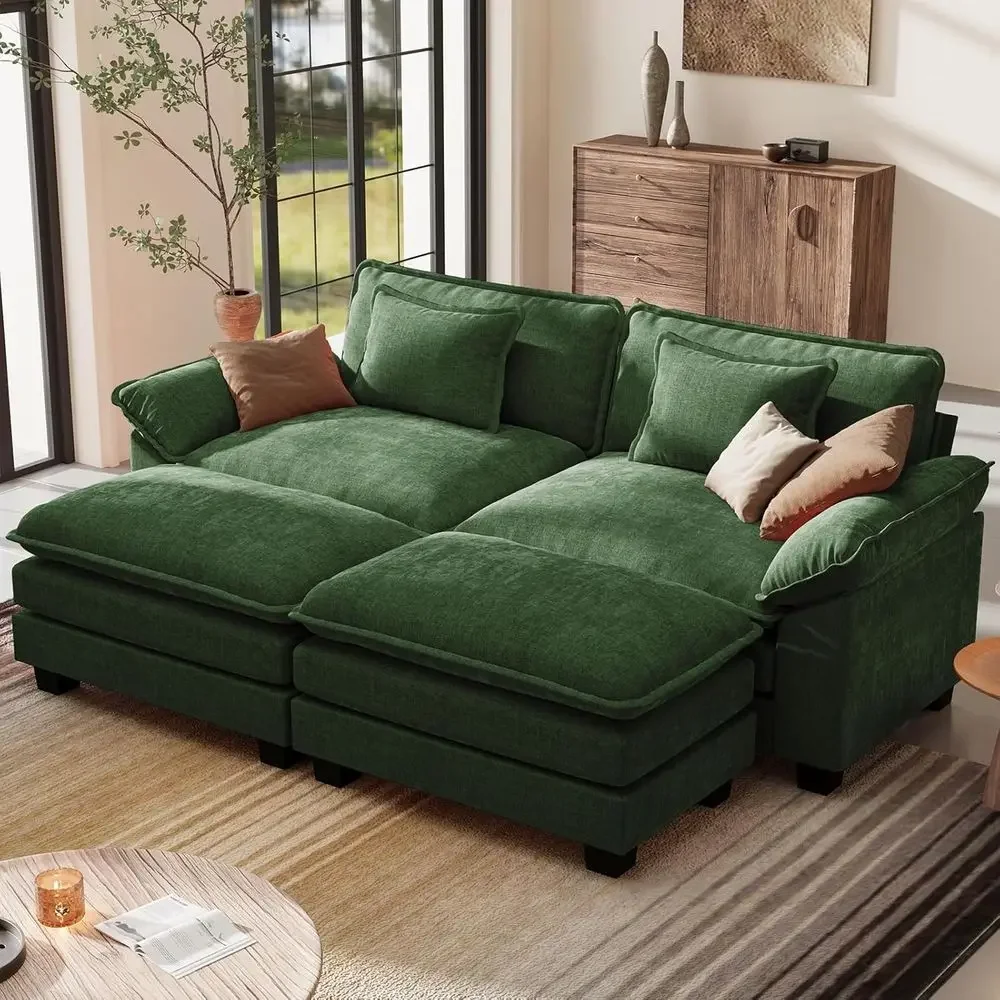 

86 Sectional Cloud Sofa with Ottoman, 4-Seat Chenille Deep Seating Couch, Easy Assembly for Living Room or Bedroom, Green