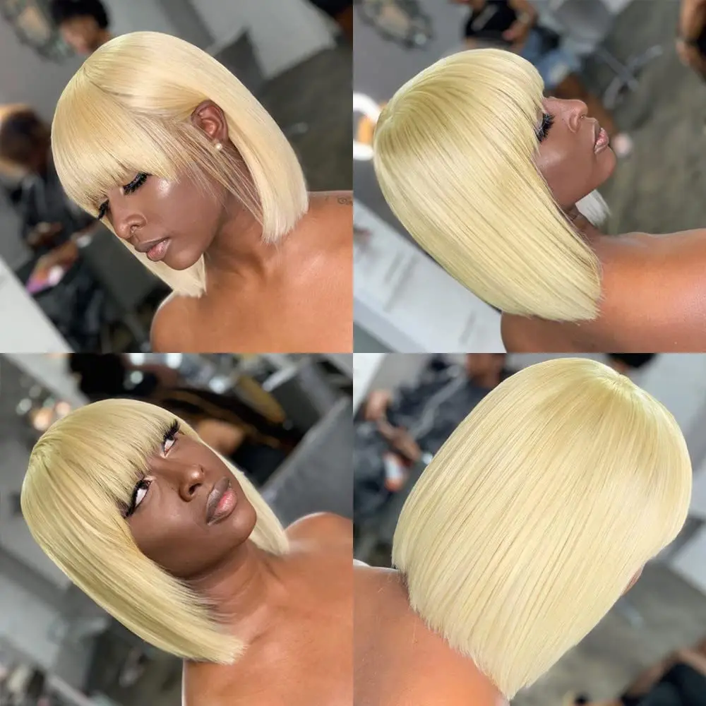 Wear and go Glueless Lace Front Wig Bob 613 HD Lace Frontal Wigs with Bangs Fringe Real Human Hair Wigs Fast shipping Qearl