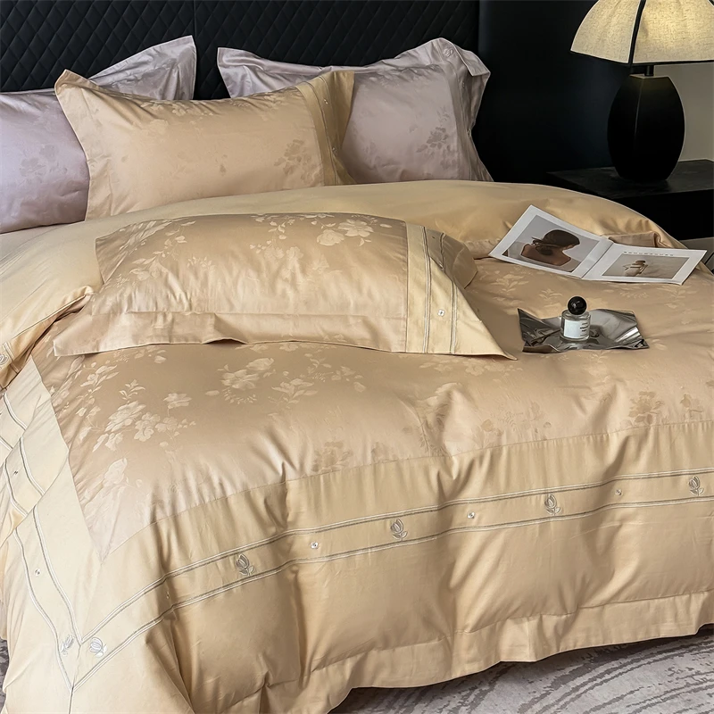 1000TC Egyptian Cotton Jacquard Flowers Embroidery Luxury Bedding Set Duvet Cover Flat/Fitted Bed Sheet Pillowcases 4Pcs