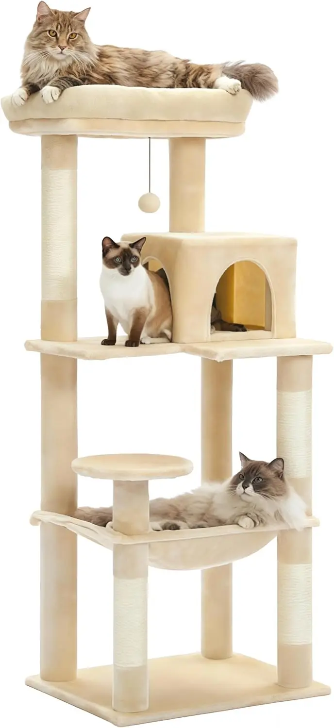 

56.3" Cat Tree for Large Cats with Hammock, Condo House, 6-Tier Shelves and Scratching Posts, Beige