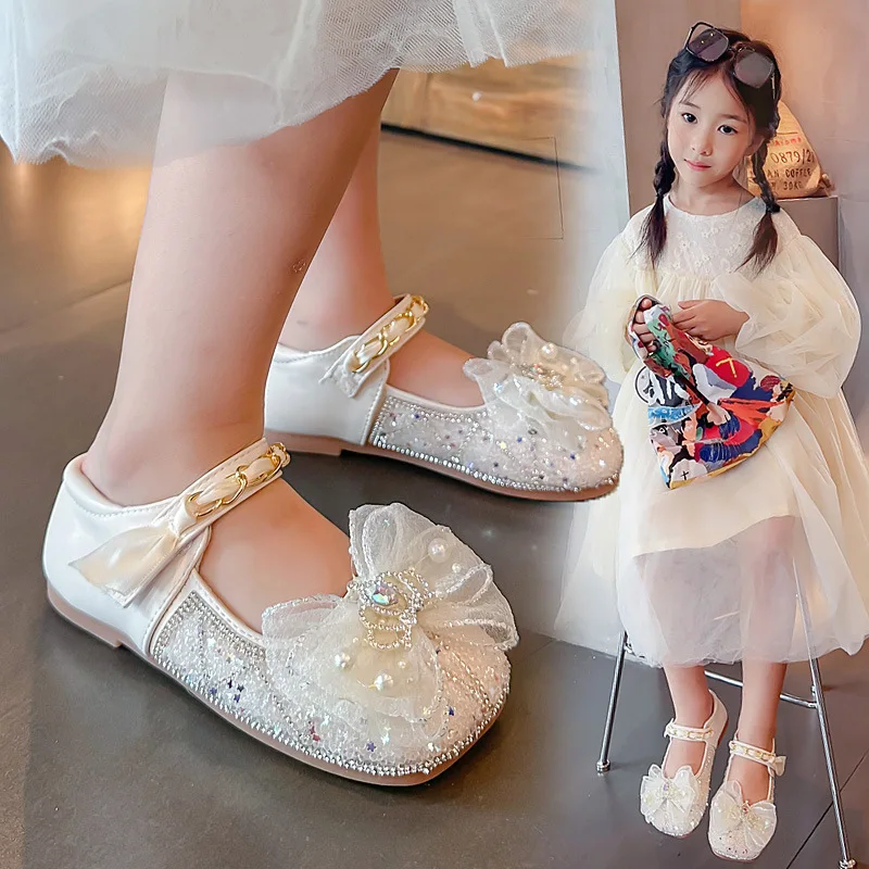 Girls' Glass Shoes 2024 Spring and Autumn New All-matching Diamond Bow Princess Korean Version of Small Shoes for Children