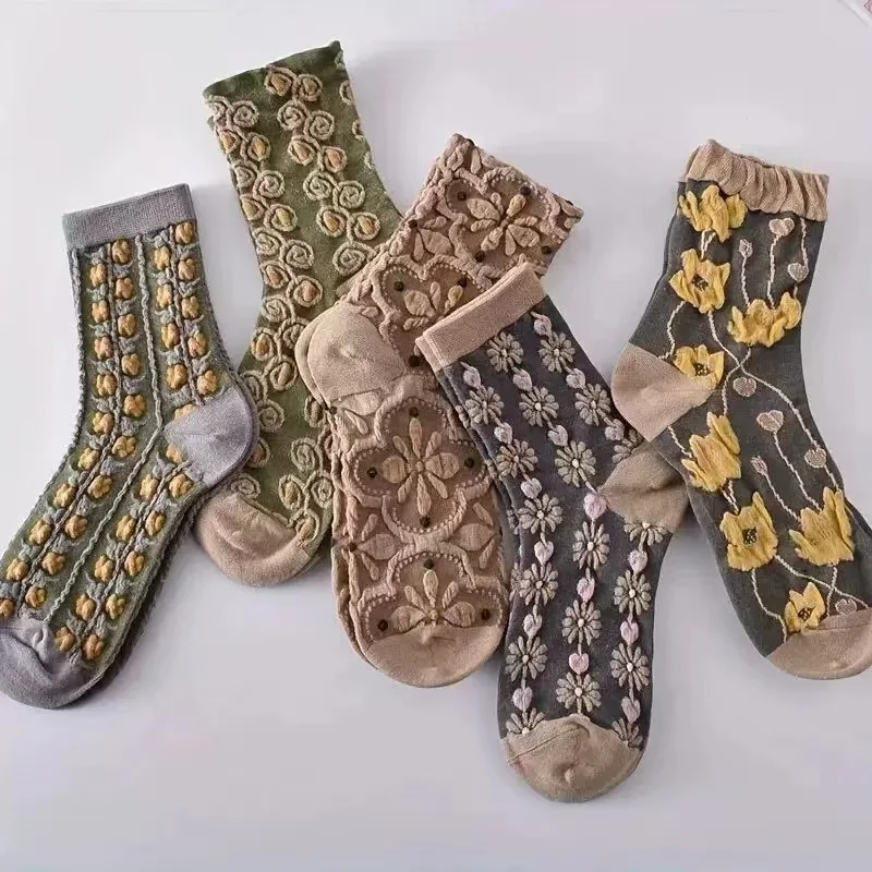 Three-Dimensional Relief Floral  Socks Korean Style Women Retro Ethnic Palace Style Harajuku Art Socks Street Wear