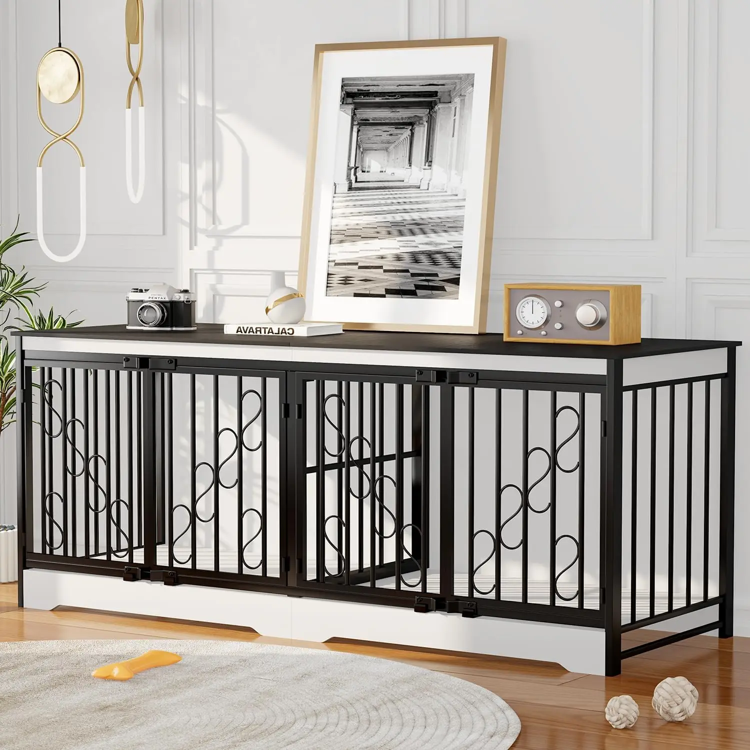 

71' Black & White Double Dog Crate Furniture for 2 Dogs, Heavy Duty Wooden Dog Kennel Furniture