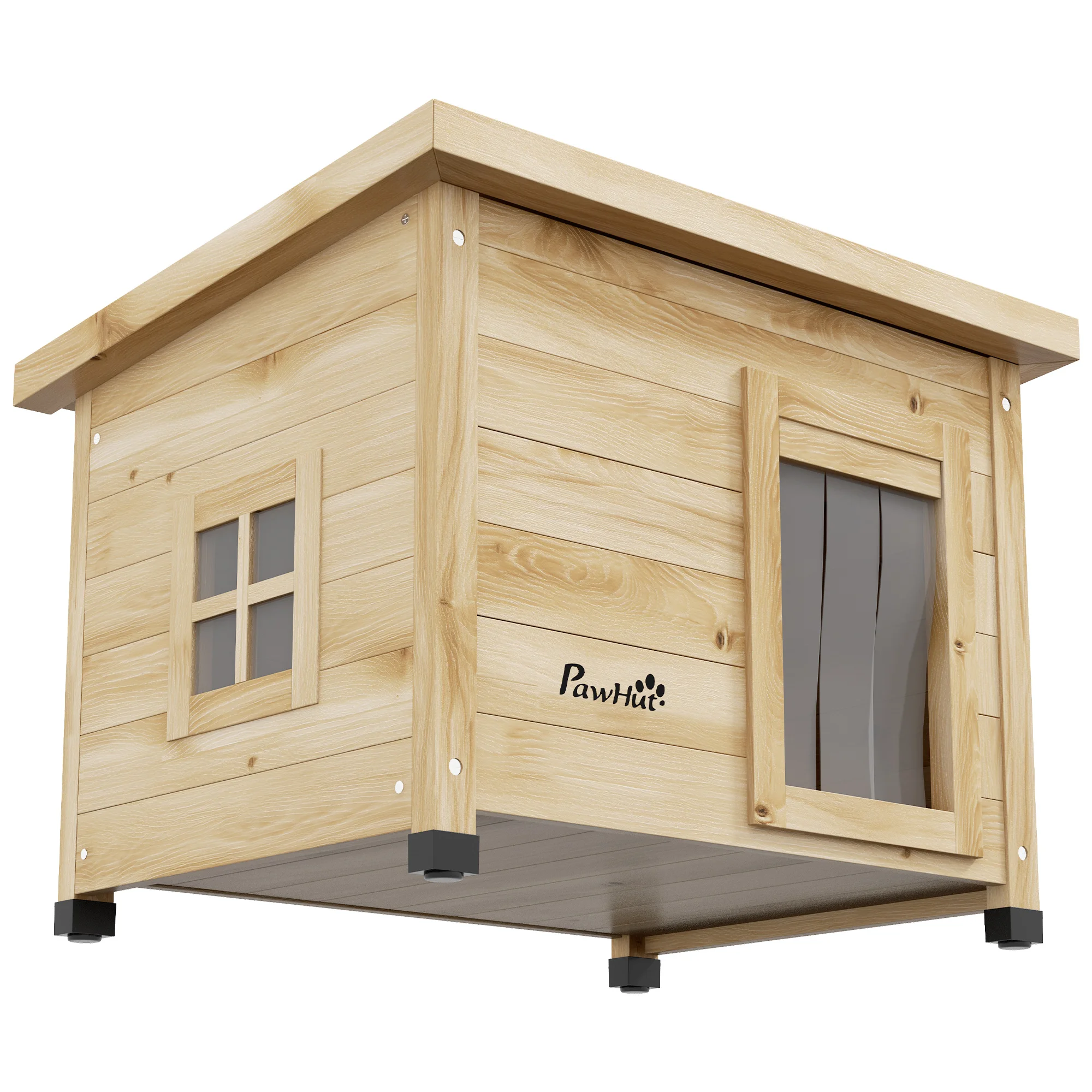 PawHut Maison pour chats niche d'extérieur en bois surélevée avec toit asphalte, porte avec rideau, fenêtre, 57 x 45 x 43 cm jau