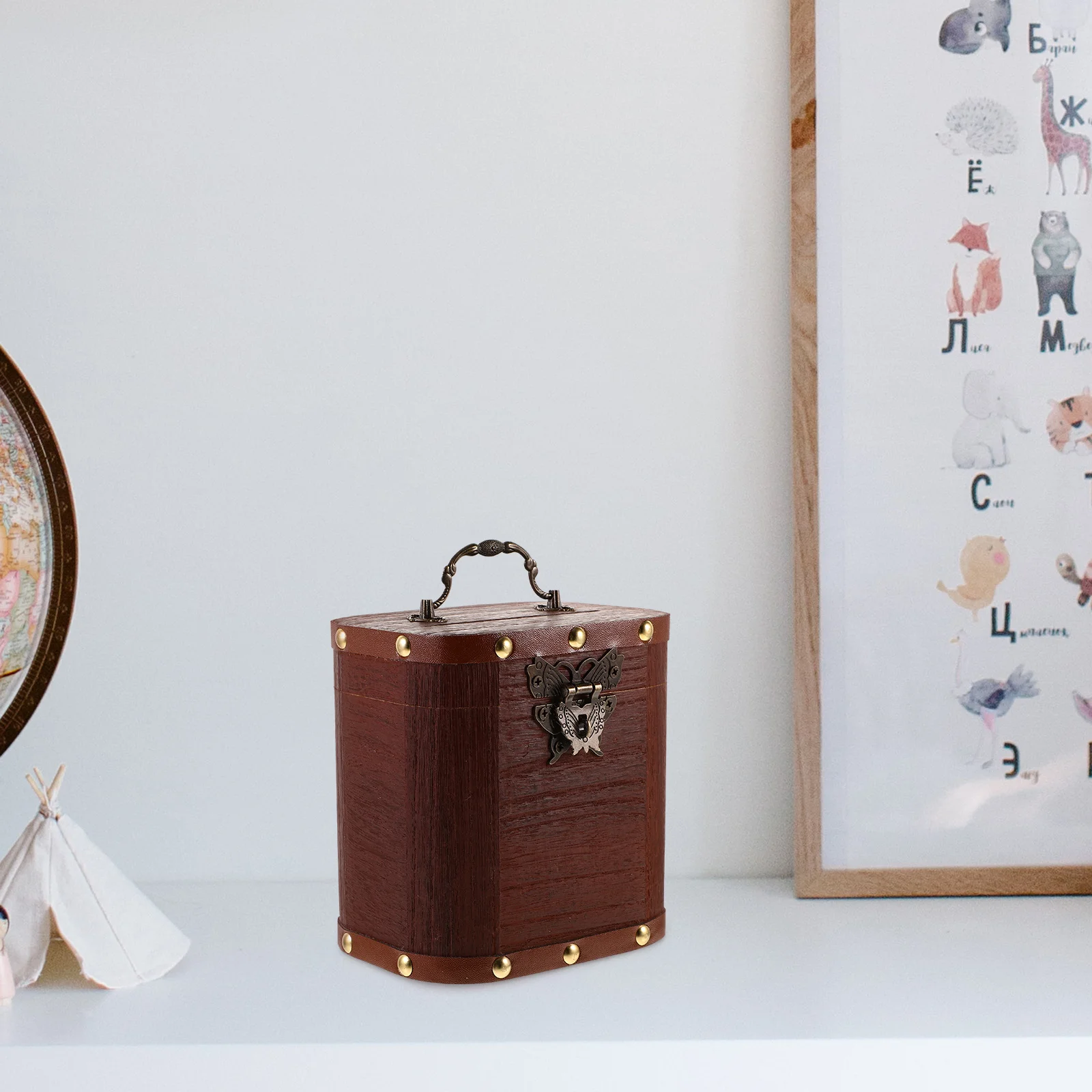 Wooden Piggy Bank Retro Design Vintage Coin Savings Jar Lock Flip Lid Retro Jewelry Trinket Storage Box Piggy Bank Wooden