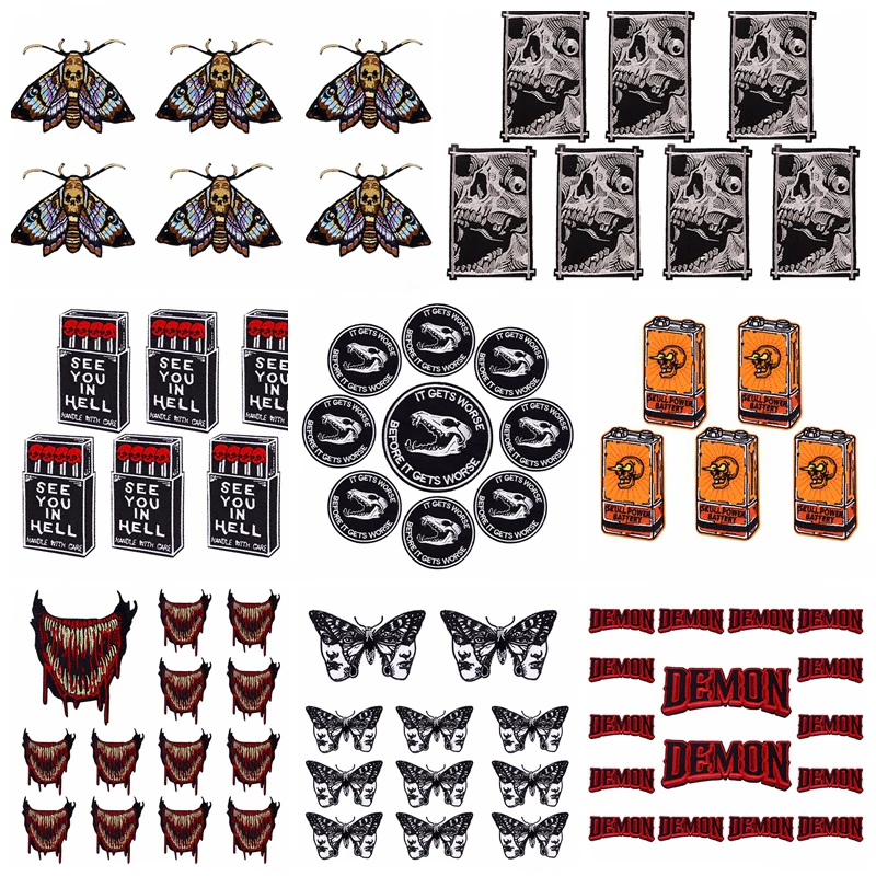 10 teile/satz Großhandel Horror Punk Schädel Stickerei Patch Eisen Auf Patches Für Jacke DIY Schmelzbaren/Nähen Schmetterling Skelett Abzeichen