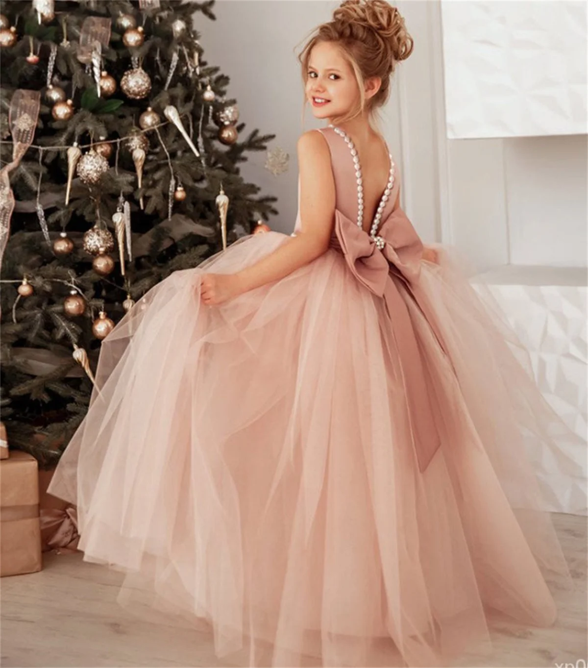 

Pink Cute Wedding Flower Girl Dress Round Neck Sleeveless Satin Bow Tulle Princess Tule Dress Wedding Girl vestidos para niñas