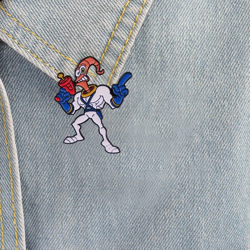 Retro Game Earth Worm Jim Enamel Pin Cartoon Badge Brooch Gift Backpack Decoration Jewelry view 5