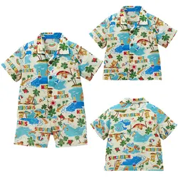 Boys' Suit Clothes 2024 Summer New Children's Cartoon Pockmarked Bear Vacation Style Full Print Short Sleeve Shirt Shorts