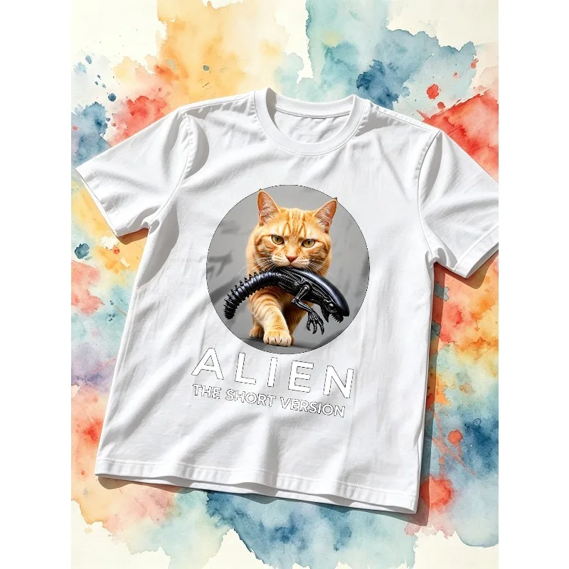 Interesting Cat Lover, Orange Tabby Cat Holding Alien Men's T-shirt, Summer New Unisex High Street T-shirt
