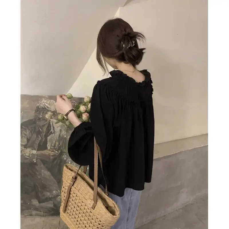 Spring and Autumn Women\'s 2024 New Pullover Round Neck Lantern Sleep Spliced Button Long Sleeved Versatile Long Sleeved Shirt