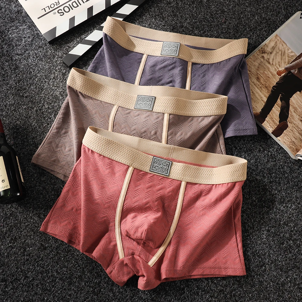 

3 шт./упак., 100% хлопок, однотонные волнистые полосатые мужские трусы, дышащие антибактериальные сетчатые боксеры с промежностью, мужские высокоэластичные трусы