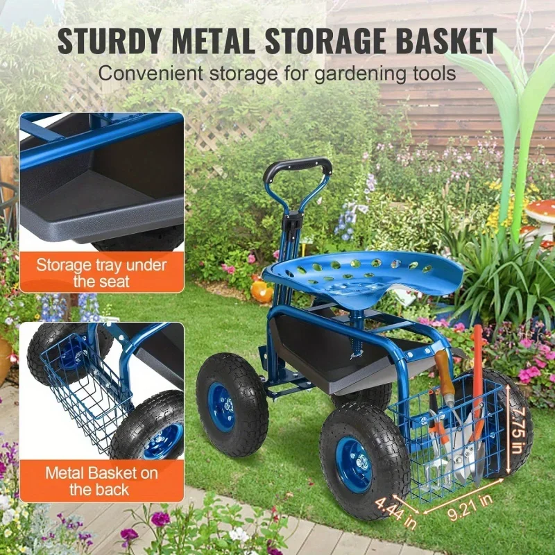 Garden Cart Rolling Workseat - 360 Degree Swivel Seat, Wagon Scooter with Steering Handle, Wheels for Easy Mobility