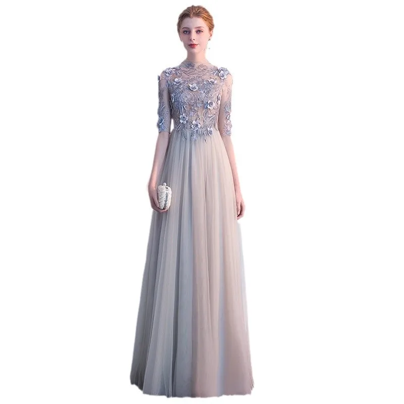 Grey Strap Evening Dress2025Spring New Style Host Banquet Slimming Sexy Long Style Performance Graduation Dress High Waist Dress