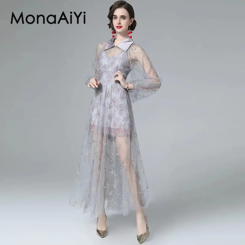 

MonaAiYi Women's Sexy Fashion Dress Summer Turn-Down Collar Lantern Sleeved Mesh Embroidery Design Dresses