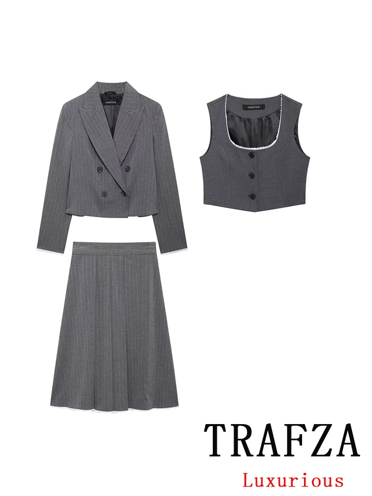 TRAFZA Vintage Casual Chic Striped Women Suit Long Sleeve Button Blazer V-Neck Lace Top Long Skirt New Fashion 2024 Autumn Suit