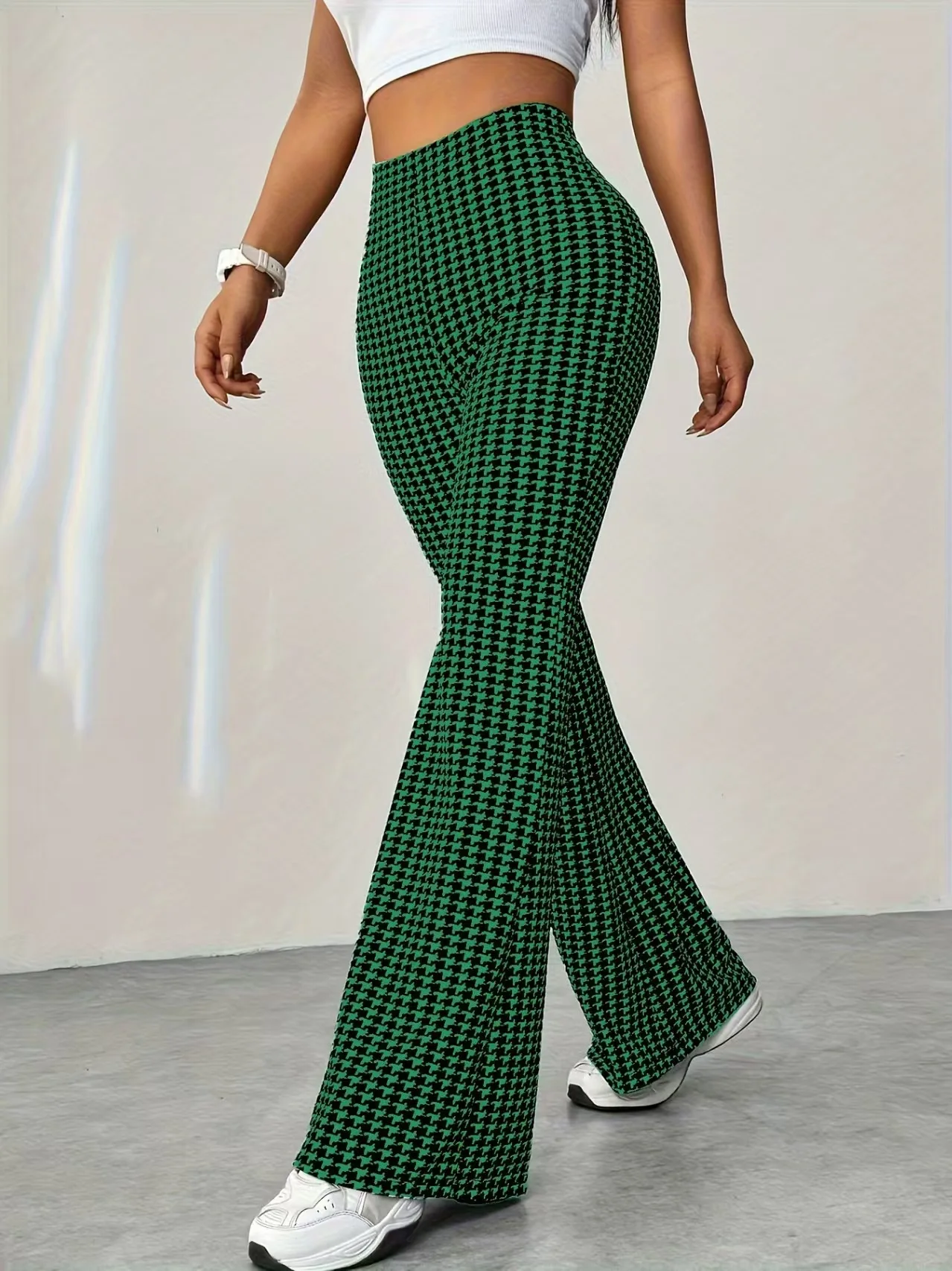 Elastic high waisted herringbone printed flared pants, fashionable casual pants, comfortable micro flared pants 4 Elastic high waisted herringbone printed flared pants, fashionable casual pants, comfortable micro flared pants 4