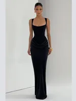 BROWN Pleated Sling MAXI Dress Women Square Neck Sleeveless Off-shoulder Waist Cinching Slim ROBE Fashion Evening Party Gowns - Image 5