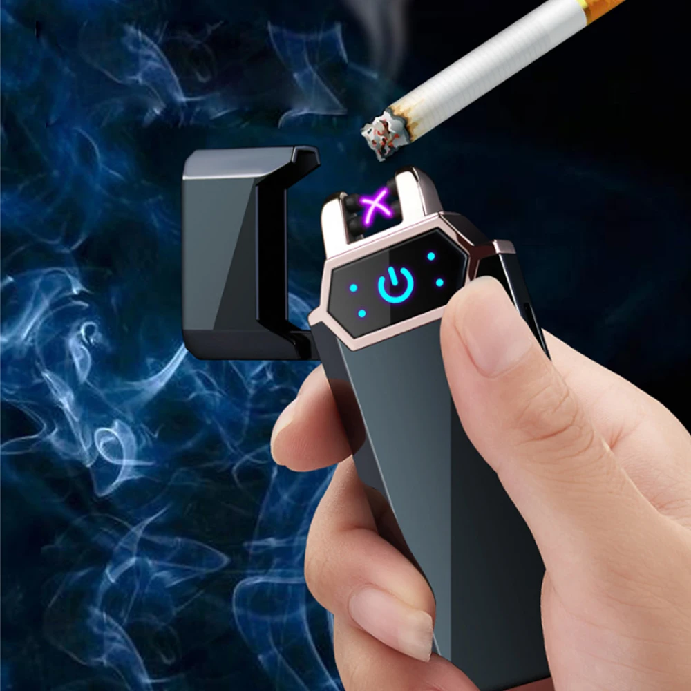 

New Metal Windproof Dual Arc LED USB Lighter Electronic Recharge Cigarette Lighters Men Smoker Gadget