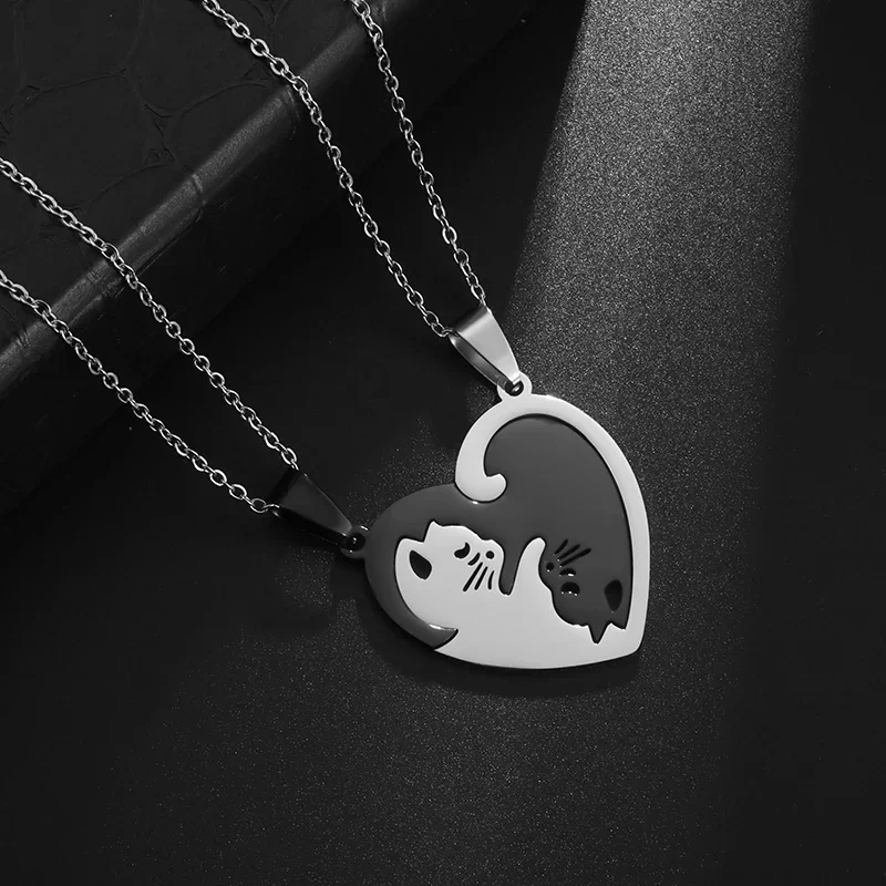 Stainless Steel Hug Cute Pet Cat Couple Pendant Necklace for Women Girls Fashion Exquisite Gift