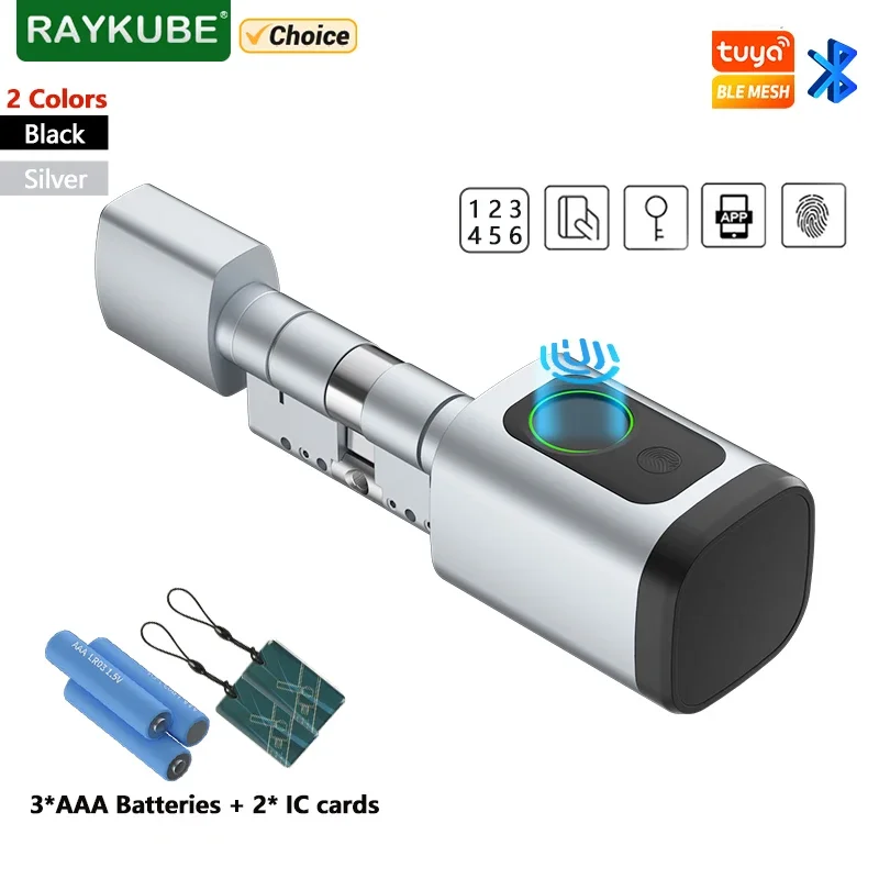 RAYKUBE V1 Smart Cylinder Lock With Tuya BLE Fingerprint IC Card Password Unlock Include 3*AAA Batteries Easy Installation