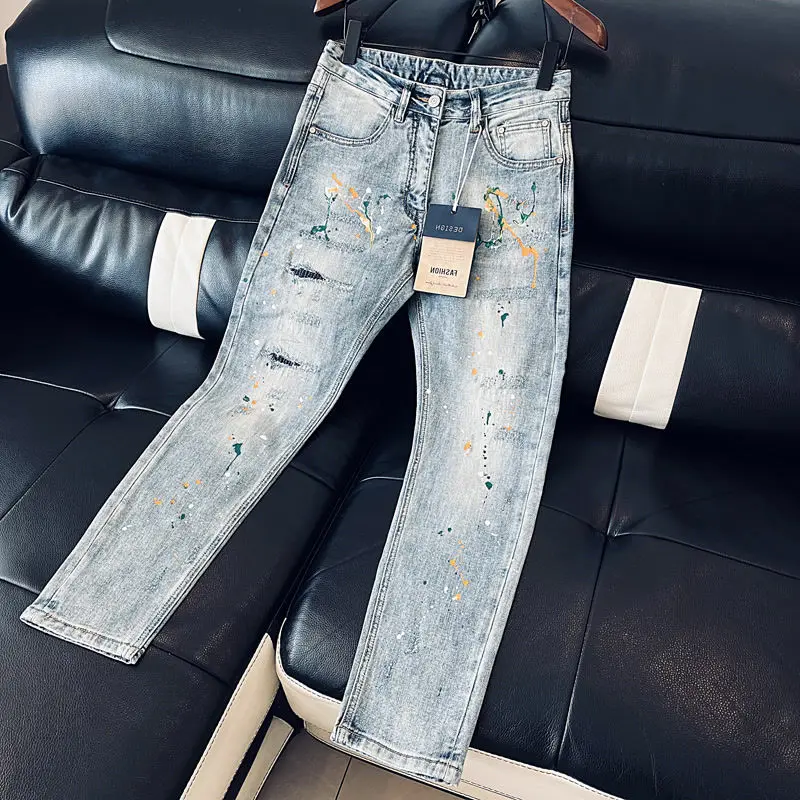 Hoogwaardige Lente Herfst Hiphop Heren Lichtblauwe Jeans Koreaanse Stijlen Gewassen Casual Denim Slim-Fit Kleur Spatten Potlood Broek