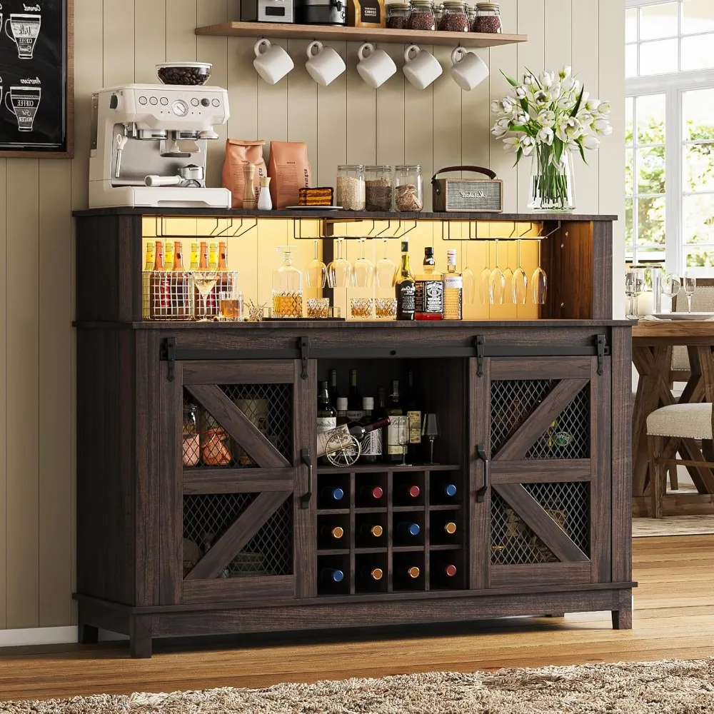

Farmhouse Coffee Bar with LED Lights, Coffee Bar Cabinet with Storage and Hutch, Wine Bar with Sliding Barn Door & Wine.