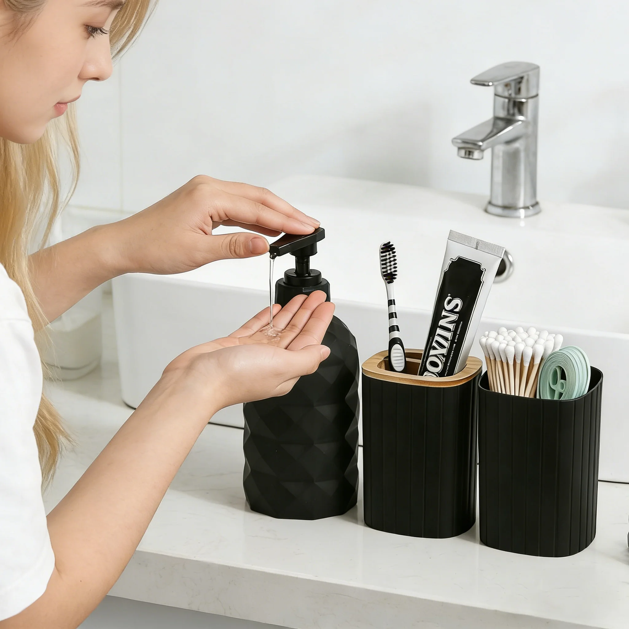 Black Bathroom Vanity Accessories, Lotion Soap Dispenser, Toothbrush Holder, Cotton Swab Container for Farmhouse Decor & Storage