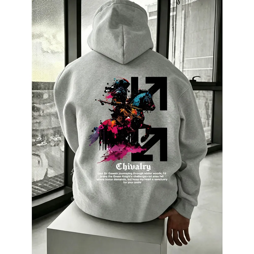 Color Splash Medieval Knight On Horse Chivalry Slogan Graphic Hoodie Unisex Loose Long Sleeve Back Print Sweatshirt