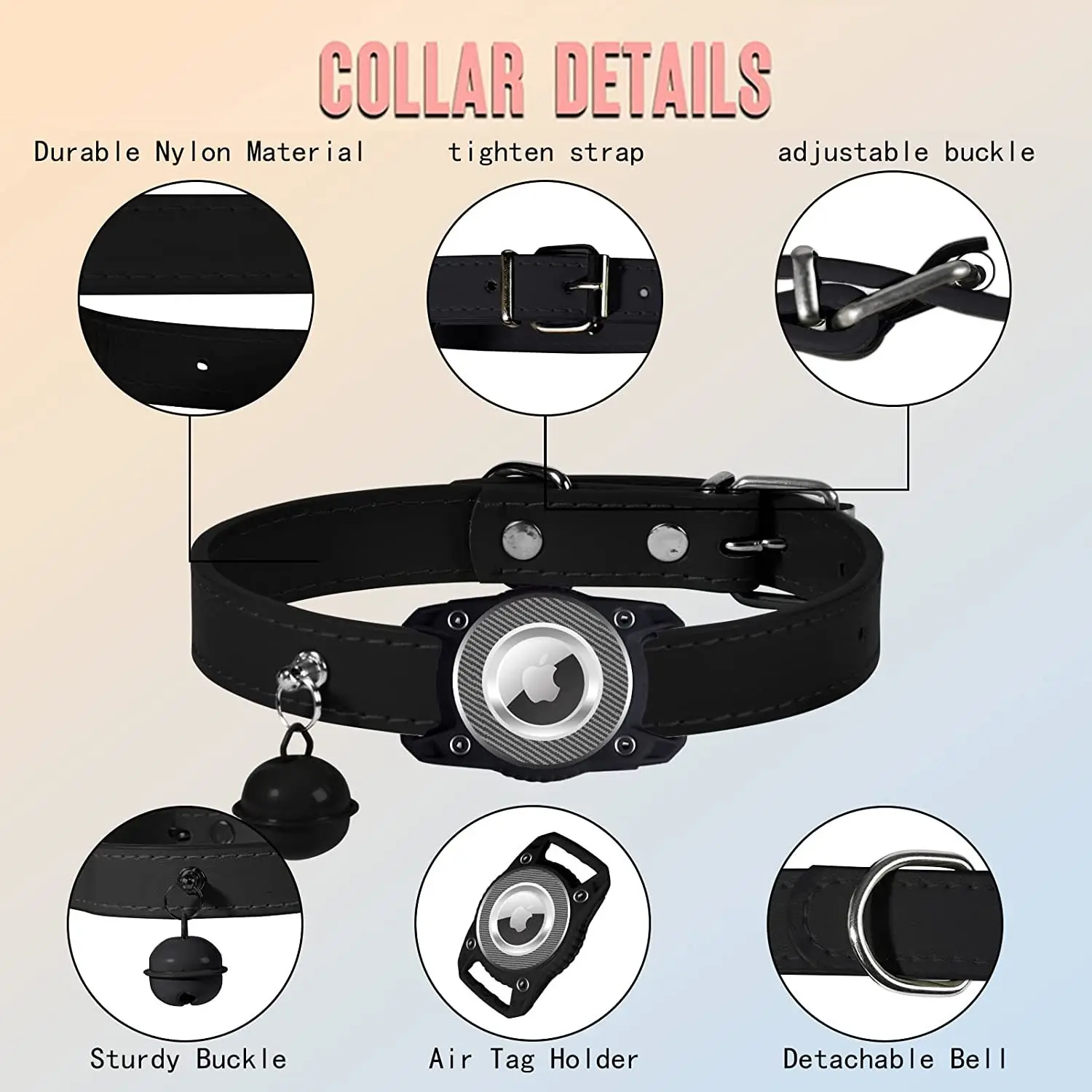 Adjustable Leather Pet Collar with Bell,Compatible with Apple AirTag Tracker,Holder Collar for Cat Dog,AirTag Not Included view 2
