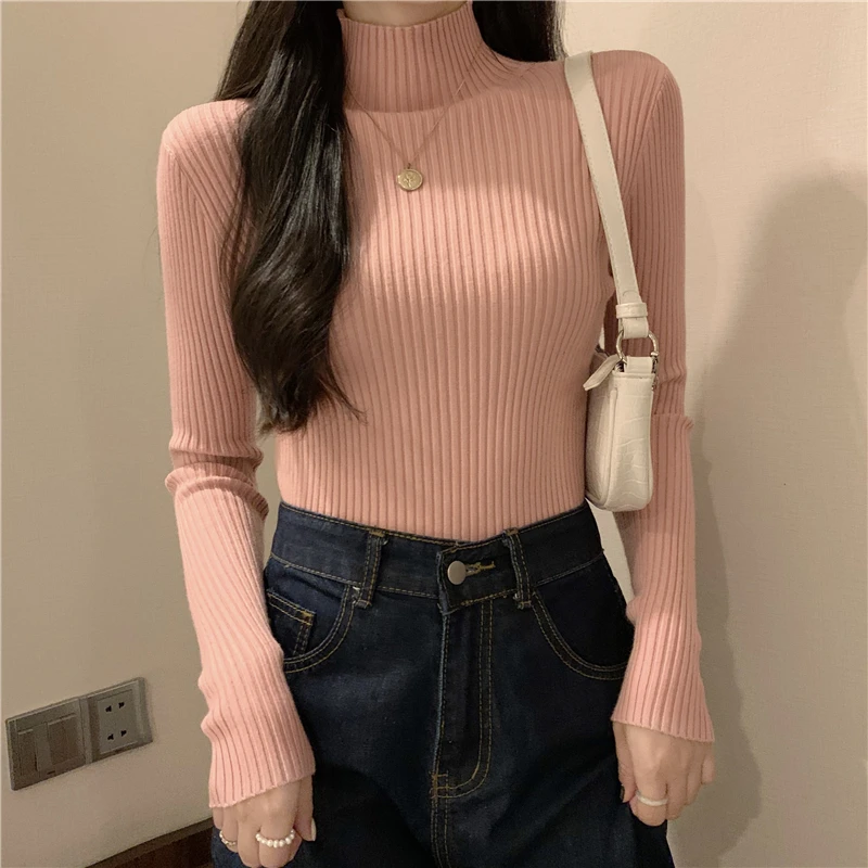 Dolcevita spesso coreano pullover da donna a maniche lunghe sottile 2025 maglione autunno inverno lavorato a maglia maglione versatile tinta unita femminile