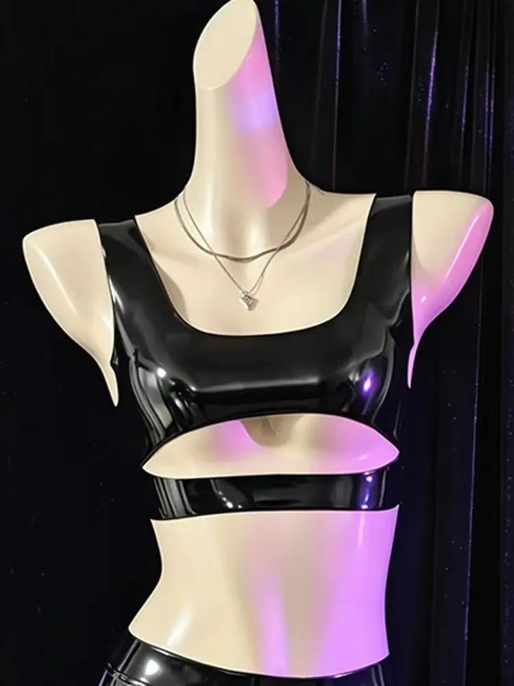 Wet Look Latex Tank Crop Top Hollow Out Bustier Tops Tights Elastic Gym Fitness Cropped Bikini Camis Vest Croptop Camisole Shirt