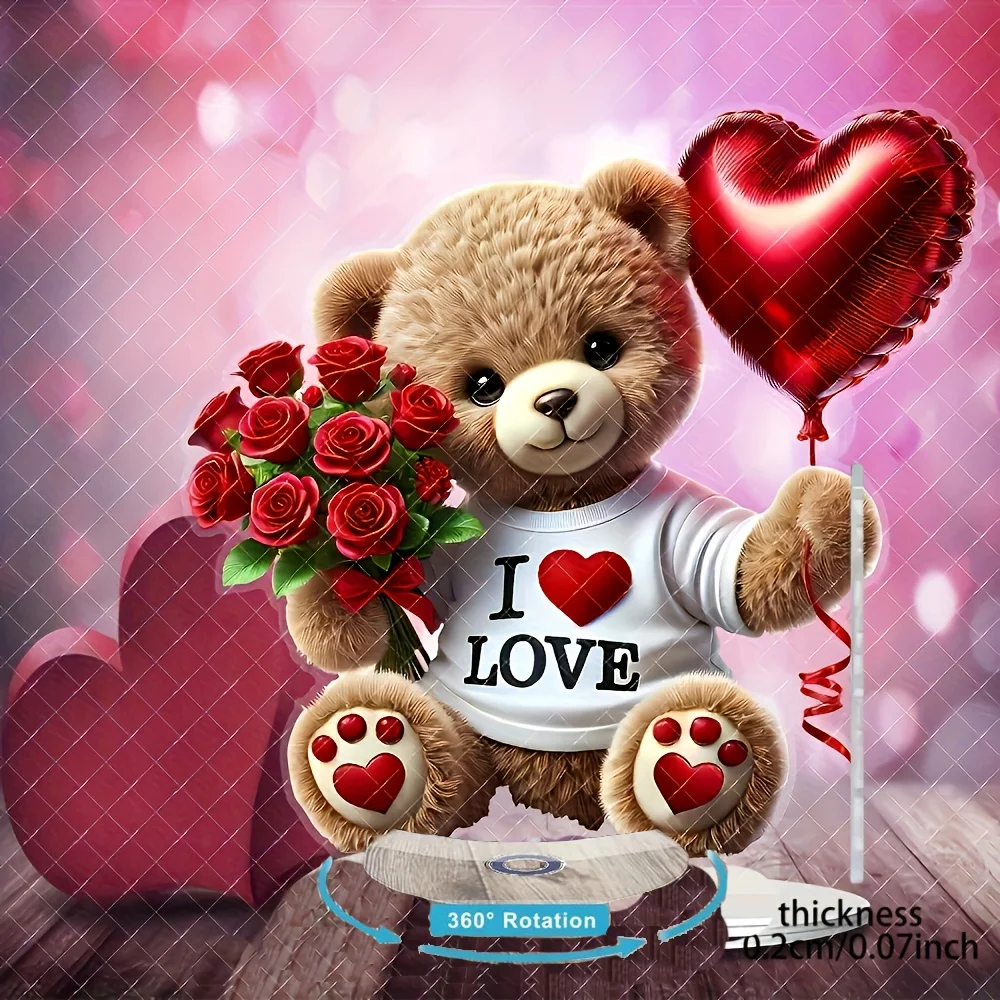 1-Piece Acrylic Flat Heart-Shaped Bear Ornament in Bohemian Style, Holiday Craft with Roses and Heart Balloons, Perfect for Home, Office, Garden, Ideal Valentine's Day Gift