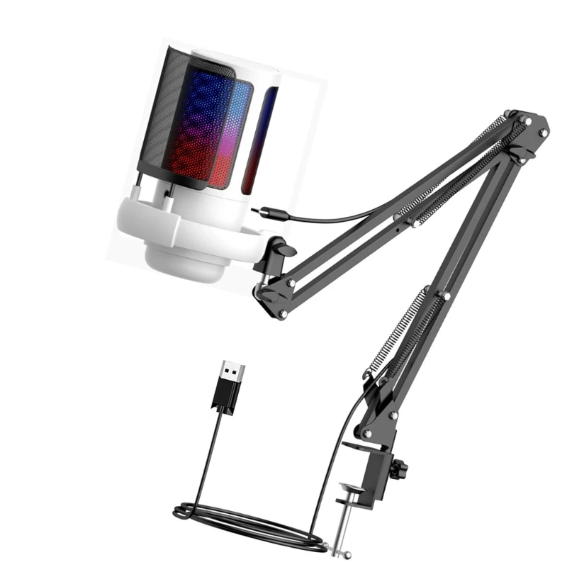 Professional Gaming Microphone Desktop USB Clip Mount Mic with Detachable Metal Shock Mount & LED Light Effects