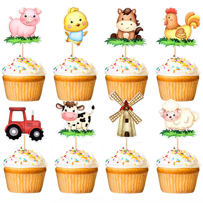 Cartoon Farm Animal Paper Cake Cupcake Topper Farm Theme Kids 1st Birthday Party Decor Baby Shower Supplies Chick Pig cake decor
