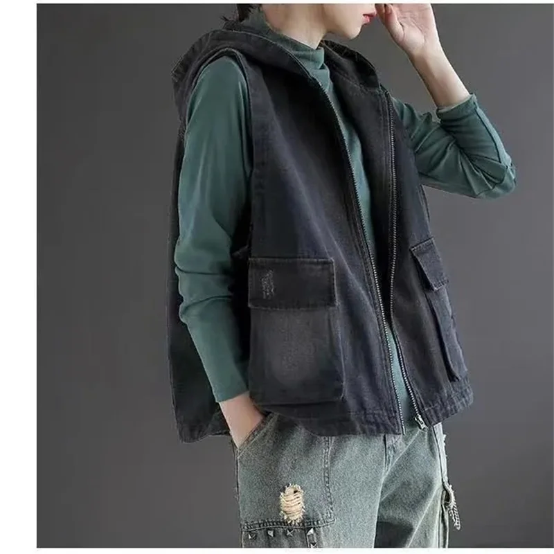 

Hooded Denim Vest Coat Women Wear New Spring Autumn 2025 Korean Cowboy Sleeveless Jacket Retro Loose Joker Waistcoat Tops Female
