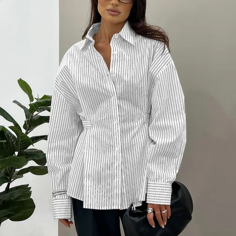 Vintage Style Woman Blouses Featuring Asymmetrical Striped Pattern Press Pleated Waist Elegant Clothing Long Sleeve Work Shirt