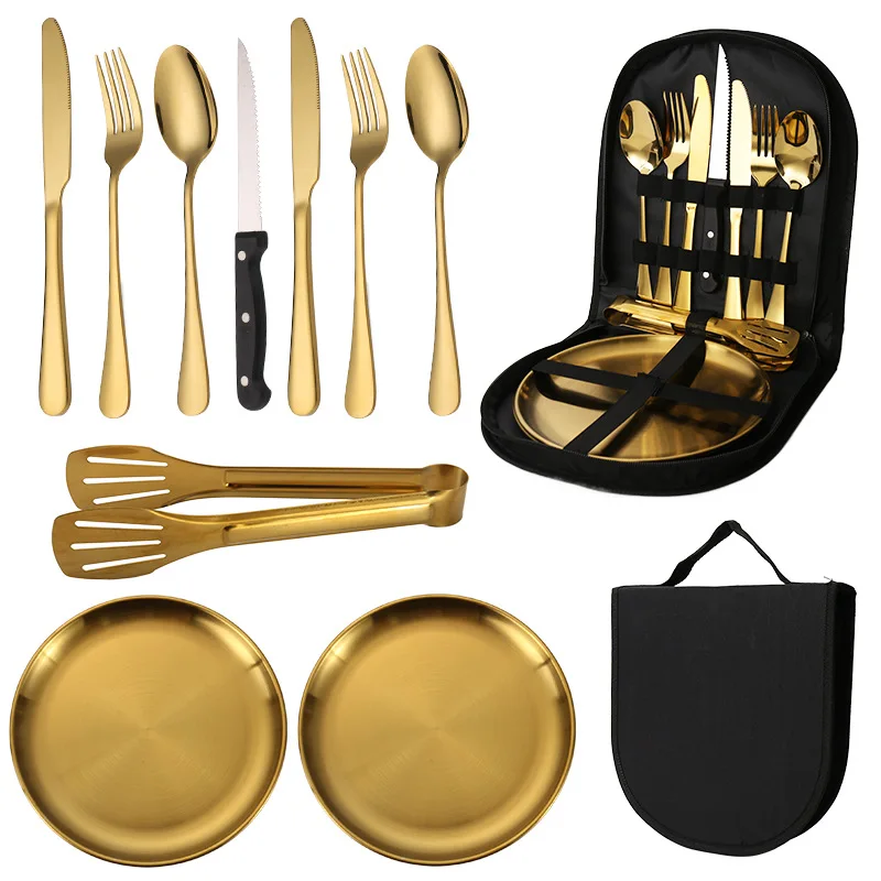 Stainless steel tableware set, portable camping barbecue plate, food clip, knife, fork and spoon set.