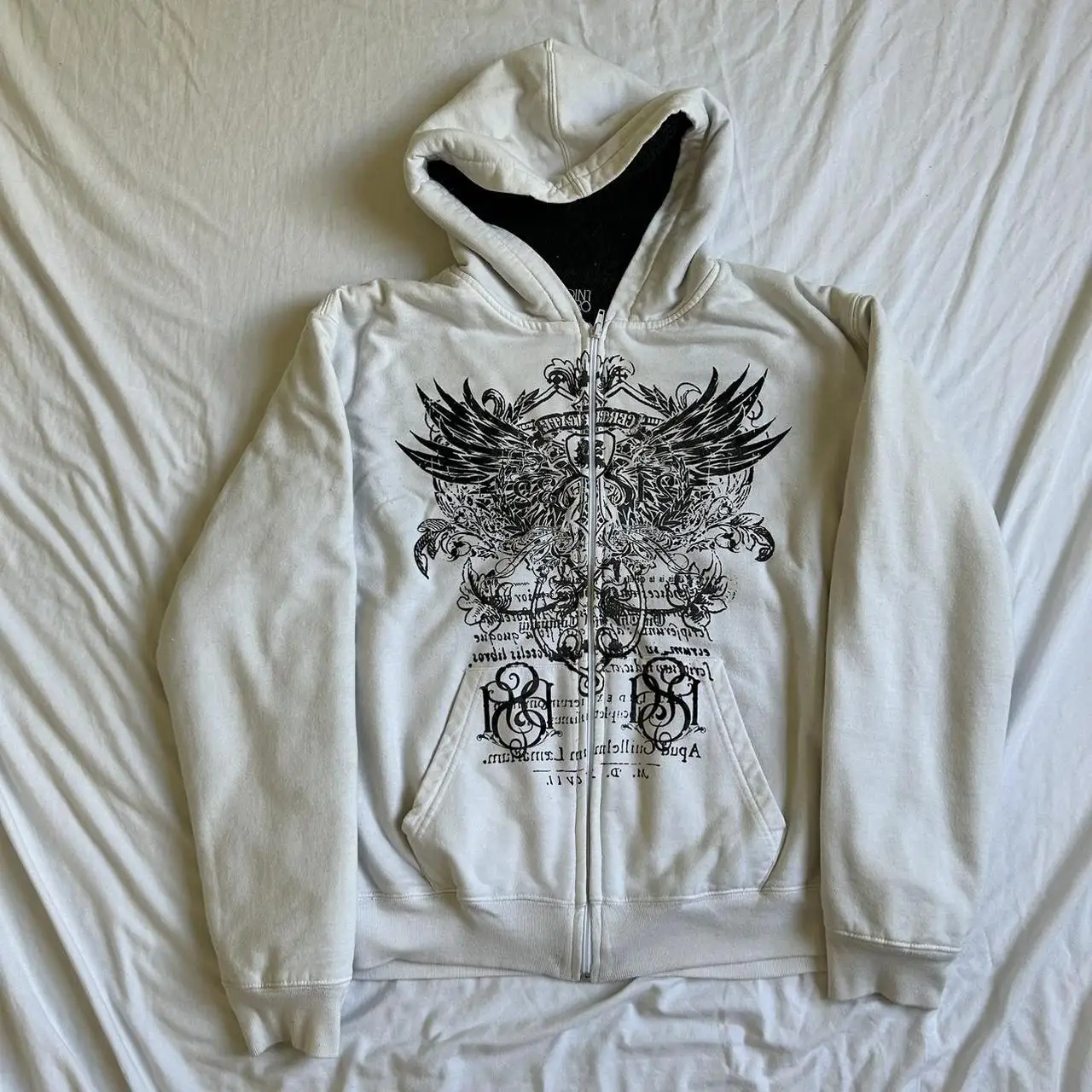 Dourbesty Dames Full Rits Hoodies Vintage Wings Print Lange Mouw Oversized Sweatshirts Grunge Jacks