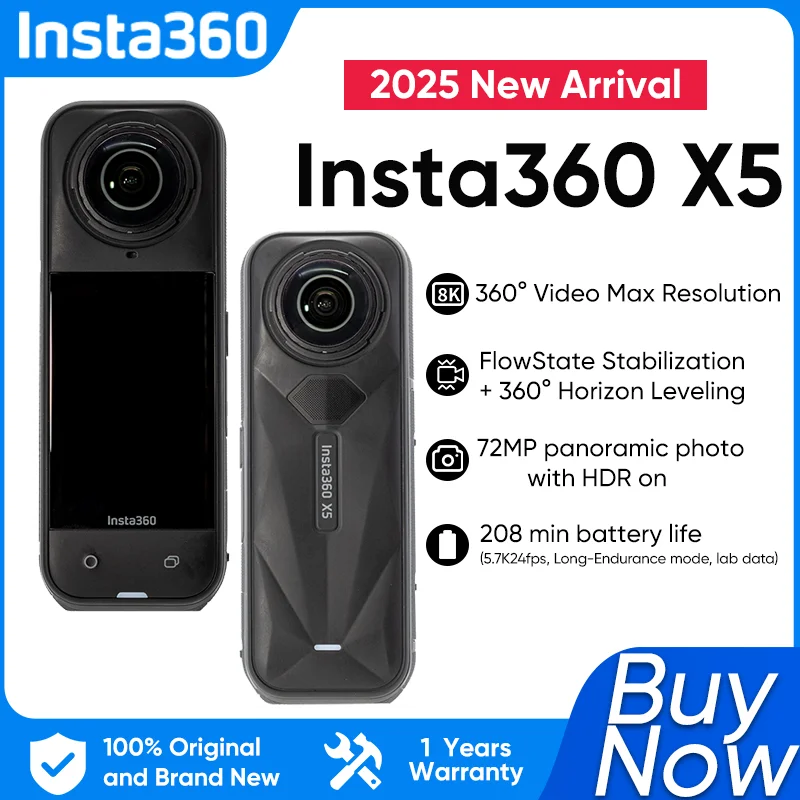 

New original Insta360 X5 Camera Waterproof 360° video camera 8K 30fps X5 Action Camera Wind Guard 185 mins RunLife Insta 360 X5