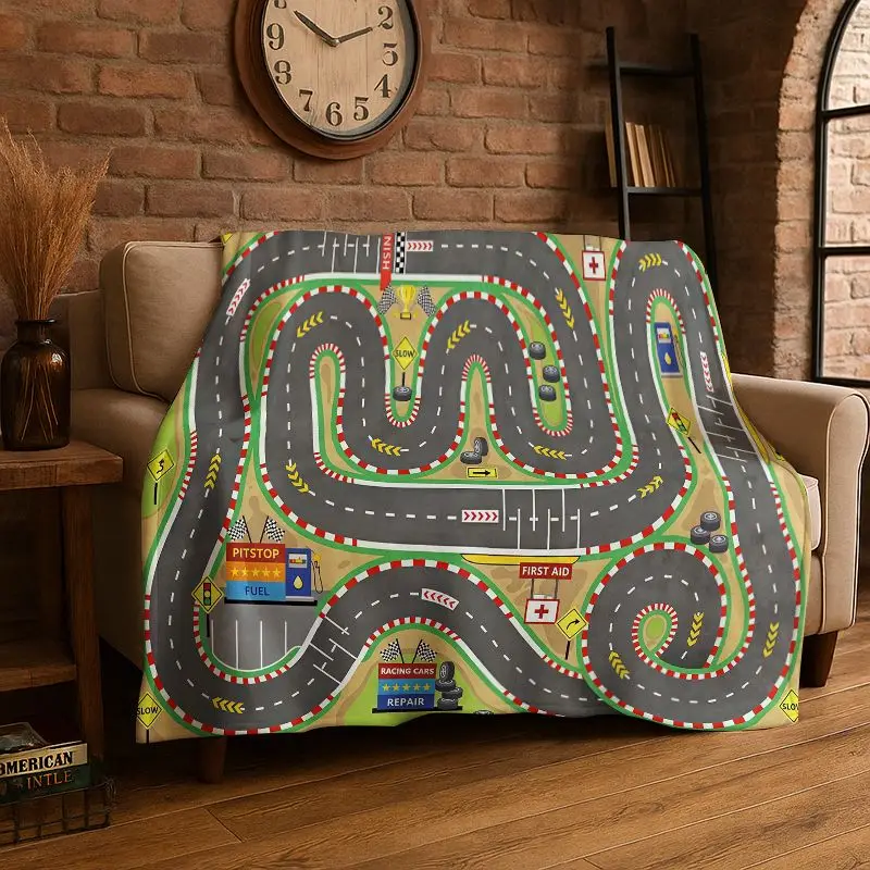 City Traffic Road Highway Runway Map Playmat Playroom Flannel Blanket Soft Throw Blanket for Bedroom Living Room Bed Picnic Nap