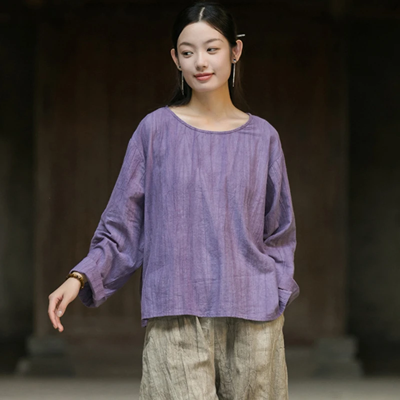 

Женские хлопковые льняные футболки с длинным рукавом, новинка 2025, весна, винтажный стиль, с круглым вырезом, однотонные свободные женские повседневные футболки M660